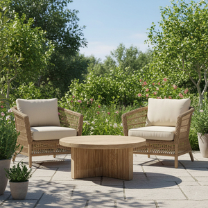 Table à manger ronde en teck moderne, 3 pieds, qualité supérieure, base en bois massif à lattes, finition naturelle, salle à manger, hôtel, villa, vente en gros - Product Image 6