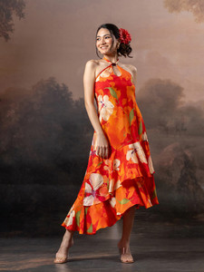 Robe midi évasée à imprimé floral, col licou, à volants, décolleté plongeant, sans manches, style sling, dos nu, taille naturelle, style élégant - Product Image 2