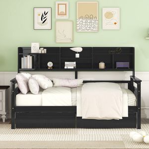 Espresso Twin Size Daybed with Wood Slat Support <b>Bedside</b> <b>Shelves</b> Two Drawers - Product Image 2