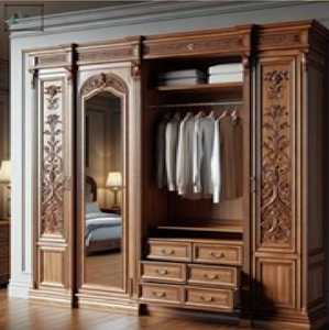 Armoire luxueuse en bois à six portes avec finitions dorées et panneaux centraux en tissu capitonné, disponible à prix de gros. - Product Image 3