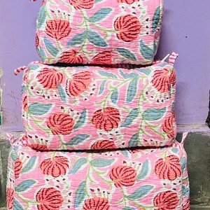 Bohemian Floral Cotton Cosmetic Bag Medium Zipper Closure Pink Blue Green Pattern Multi Function <b>Makeup</b> Organizer Toiletry bag - Product Image 3