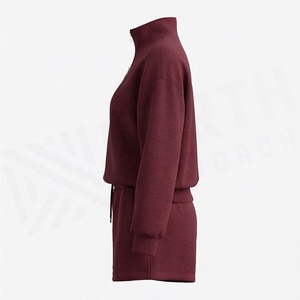 Women's 2 Piece Fleece Set Solid Color Stand Collar Zipper Top With Shorts Loose Fit Casual Autumn Wear Above Knee Length - Product Image 3
