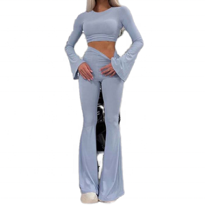 Women 2 Piece <b>Knitted</b> <b>Set</b> Long Sleeve Crop Top High Waist Flare Pants Solid Light Blue Casual Spring Summer Outfit - Product Image 2
