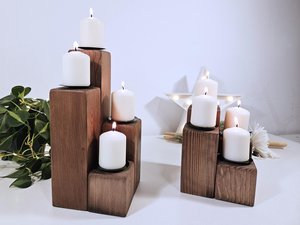 Juego de 4 portavelas de madera natural maciza para hoteles, restaurantes y decoración de lujo con elegancia artística hecha a mano. - Product Image 2