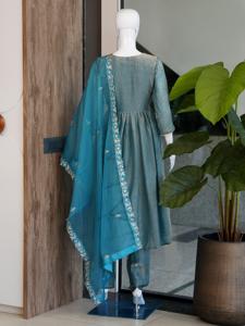 Blue Embroidered Anarkali Suit Silk Blend Kurta <b>Pyjama</b> Set Reversible Wrinkle Free Stretchable Party Wedding Wear - Product Image 4