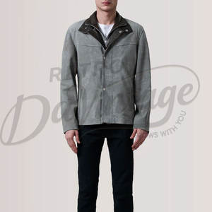 Veste safari en daim beige pour homme, véritable peau de mouton, multi-poches, ceinture, col montant avec boucle. - Product Image 4