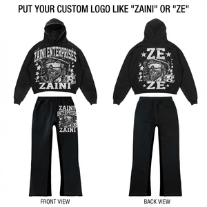 Men Tracksuit 380 GSM Cotton Polyester Fleece Black Graphic Hoodie Sweatpants Custom Screen Print Puff Print Logo <b>Set</b> - Product Image 1