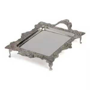 Antique Silver Footed Serving Tray Embossed Metal Rectangle Tea Platter with Handles <b>for</b> Luxury <b>Dining</b> Tableware Home - Product Image 1