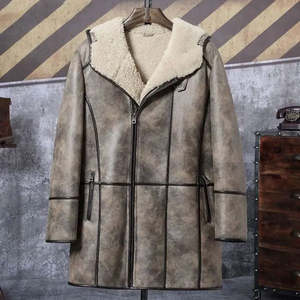 Veste en cuir véritable marron pour homme avec doublure en sherpa, col rabattable, fermeture éclair, coupe-vent, manteau long d'hiver, style workwear - Product Image 1