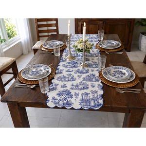 Chemin de table en lin à imprimé toile bleue avec bord festonné pour une décoration élégante de la table à manger - Product Image 1