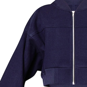 Chaqueta Bomber Corta Azul Marino con Mangas Fruncidas, Unisex, Casual, con Cierre, de Lana Sintética, Cuello en V, Puños y Dobladillo Impermeables - Product Image 3