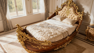 Letto a Forma di <span class=keywords><strong>Galeone</strong></span> Reale di Lusso con Cornice in Legno Intagliato e Finiture Dorate per Villa e Hotel - Product Image 5