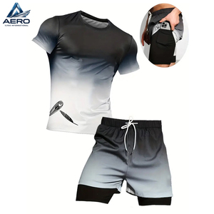 Casual Sports Quick-Dry Short-Sleeve Knit <b>Top</b> And A 2-In-1 Double-<b>Layer</b> Shorts Set Compression T-Shirt And Shorts Set - Product Image 1