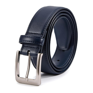 Cinturón Formal de Cuero Genuino Azul Marino, Hebilla Rectangular Plateada, Color Sólido, Duradero, 3.5 cm de Ancho - Product Image 1
