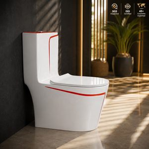 Inodoro Contemporáneo de Una Pieza con Línea Decorativa Roja, Descarga por Arrastre, Montado en el Suelo - Product Image 3