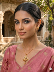 Ensemble de pendentif et de boucles d'oreilles plaqués or pour femmes |   Ensemble de bijoux à porter au quotidien avec un design floral traditionnel - Product Image 2