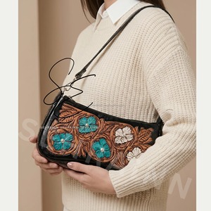 Bolso de Hombro de Cuero Repujado para Mujer, Bolso de Mano con Asa Superior, Diseño Floral Turquesa, Estilo Western - Product Image 3