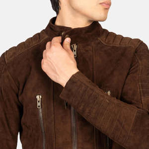 OEM Winter Mocha <b>Suede</b> Genuine Leather Biker <b>Jacket</b> Men's Casual Stand Collar Zipper Closure Windproof Breathable Eco-Friendly - Product Image 3