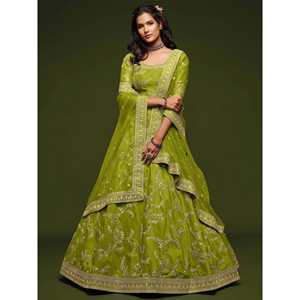 Impressionnant fil vert néon broderie Art soie mariage Lehenga Choli - Product Image 4
