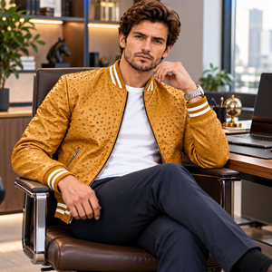 Wholesale <b>Yellow</b> Textured Bomber <b>Jacket</b> for <b>Men</b> Custom Color Private Label OEM Leather Outerwear - Product Image 5