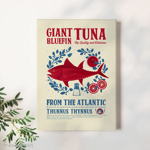 Arte de pared navideño, ilustración de póster vintage de atún y mariscos, decoración de pared de cocina retro, impresión en lienzo - Product Image 1