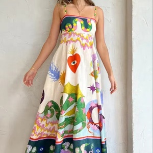 Vibrant Artistic Print Sleeveless Maxi Dress Breathable Linen-Blend Fabric Square Neckline Sleeveless Bohemian-Inspired <b>Sundress</b> - Product Image 1