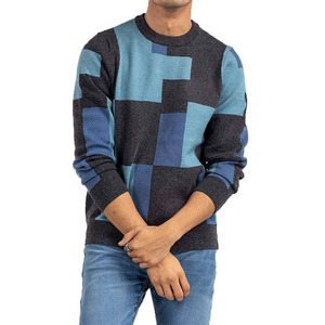Suéter de Punto con Patrón Geométrico para Hombre, Manga Larga, para Otoño, Diseño de Bloques de Color Azul Gris, Corte Regular - Product Image 1