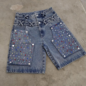 Pantalones Cortos Cargo de Mezclilla Rectos para Hombre, Estilo Desgastado, con Bolsillos 3D, Cinturón con Diamantes, Estilo Urbano, para Verano, Cintura Media, de Algodón, para Gimnasio y Running - Product Image 3