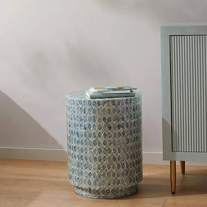 Blue Grey Quatrefoil Cylinder <b>Stools</b> Mother of Pearl Handcrafted Mosaic Small Side <b>Table</b> For Living Room Bedroom Decor Use - Product Image 4