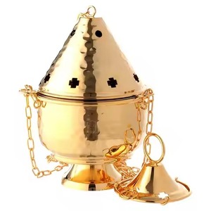 Brass Incense <b>Burner</b> Gold Finish Hand-Made Religious Decorative Design With Cross Top And Chain Handle Thrubile - Product Image 1
