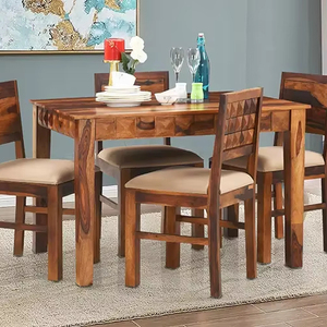 Solid Wood 4-seater <b>Dining</b> Table Set Rectangular Compact Block Leg Thick Heavy Duty Hardwood Walnut Table with Upholstered <b>Chair</b> - Product Image 1