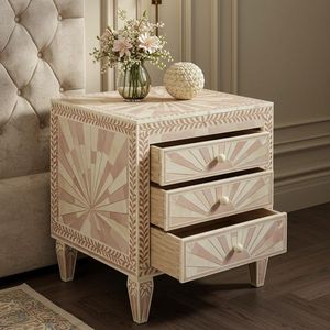 Premium Decorative Bone Inlay <b>Bedside</b> <b>Table</b> Handcrafted Wooden Furniture With Elegant Bedroom Styling - Product Image 5