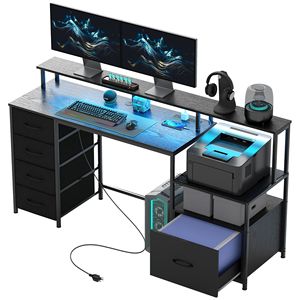 67\" Black Computer Desk with <b>Power</b> Outlets LED Lights <b>File</b> Cabinet Fabric Drawers Bookshelf - Product Image 1