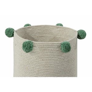 Beige Macrame <b>Basket</b> With Green Pom Pom Detail Stylish Storage Organizer For Home Decor Laundry Toys And Gifting Use From India - Product Image 3