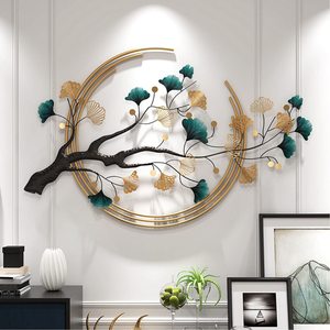 Décoration murale moderne en métal écologique, motif arbre de Ginkgo rond, design de branche avec feuilles dorées et turquoise, idéal pour Diwali - Product Image 2