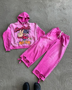 Conjunto de Sudadera con Capucha y Pantalones Jogger Acampanados para Hombre, Estilo Vintage Personalizado, de Dos Piezas Completas, con Pedrería, Estampado Desgastado y Lavado Ácido - Product Image 6