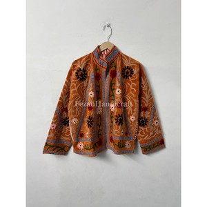 Brown Velvet Jacket <b>Coat</b> Floral Embroidery Jacket With Two Side Pocket Uzbek Suzani Short Unisex Jacket - Product Image 5