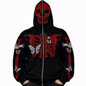 Full Zip up Face Cover Men's Hoodies Rhinestone Graphic Cotton Fleece Oversized Street wear Custom Manufacturing Bulk Orders USA - Product Image 1