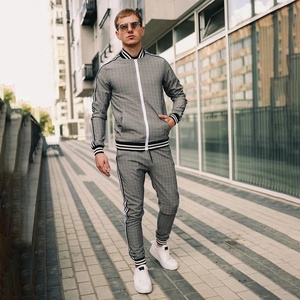 Athletic Style Men's Check Print Sublimated Bomber <b>Jacket</b> Track Suit Zip Enclosure Ribbed Hem & Cuffs Stripe Zipper Sweat Suit - Product Image 6