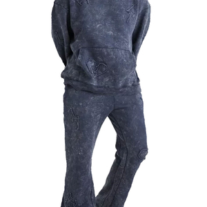 Men Heavyweight 100% Cotton Acid Wash Fleece Tracksuit Hooded Sweatshirt Full Length Jogger Pants Casual Streetwear Winter Set - Product Image 2