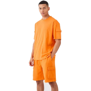 New Style <b>Down</b> Shoulder with Pocket Tshirt Short Set Summer Causal Two Piece Men Shirt Set cotton material Breathable Summer Set - Product Image 4