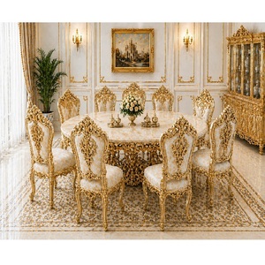 Victorian Era Inspired <b>White</b> Gold Round <b>Dining</b> Set Buy Durable 10-Seater <b>Dining</b> <b>Table</b> With Chairs Premium <b>Dining</b> Room Furniture - Product Image 1