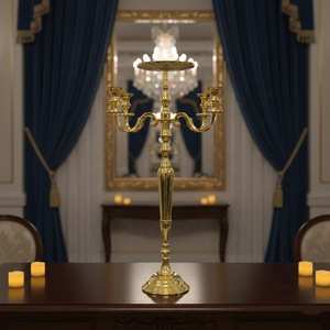 Candélabre de luxe haut de gamme plaqué or à 5 bras, fait main en métal, avec plateau, idéal pour les mariages – Meilleure vente - Product Image 3