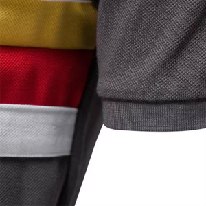 Polo en tricot à manches courtes pour homme, rayé, color-block, respirant, design décontracté, gris avec rayures blanches, jaunes et rouges - Product Image 3