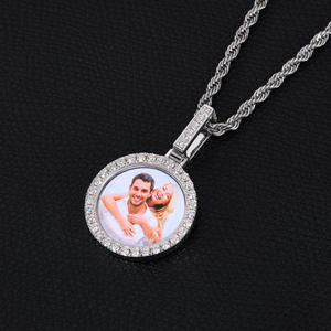 Silver Lab Grown Diamond Round Photo Custom Face <b>Memory</b> Pendant Necklace Gold Plated IGI Certified Unisex - Product Image 3