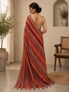 Sari Tradicional Indio de Algodón para Mujer, Largo hasta el Suelo, con Rayas, para Bodas, en Naranja, Rojo y Morado, Estilo Étnico Bollywood - Product Image 3