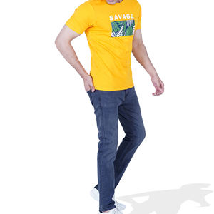 <b>Savage</b> <b>Men's</b> Yellow Short Sleeve O-Neck T-Shirt Regular Fit Printed Tropical Pattern Casual Jersey Cotton - Product Image 2