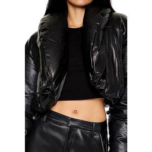 Veste courte matelassée en PU noir, col montant, fermeture éclair, coupe-vent, style streetwear - Product Image 3