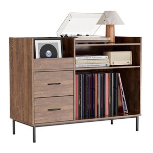 Support de tourne-disque réglable de 27,6 pouces avec 2 tiroirs, table console pour lecteur de disques vinyles 350+, étagère pour haut-parleurs multimédia, 2 étagères réglables - Product Image 1