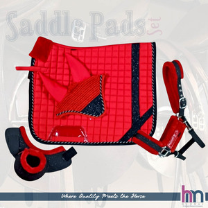 Luxury Designer <b>Red</b> Black Cotton Fabric Sparkle <b>Glitter</b> 4-Piece Customizable Dressage/Jumping Saddle Pad Set Matching Mink - Product Image 5